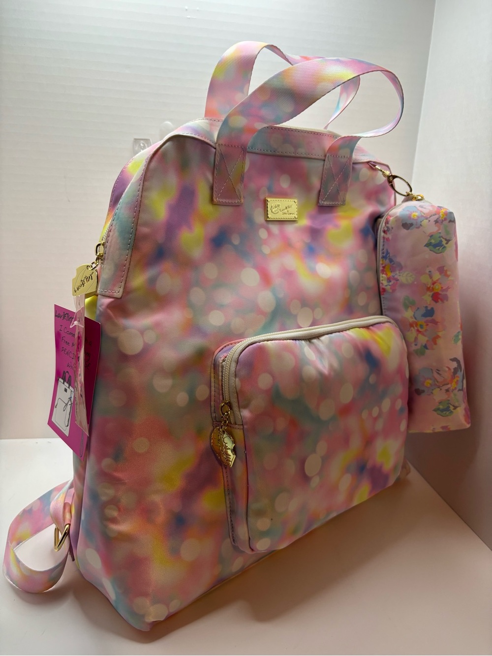 Betsey Johnson Pastel Watercolors polkadots Backpack w pencil case - Picture 2 of 4